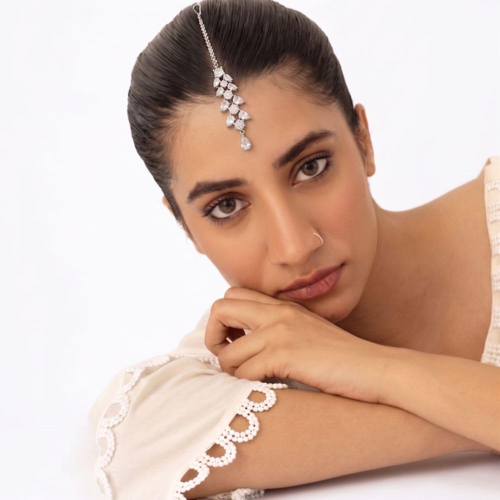 Maang Tikka with Cubic Zirconia Stones Maang Tikka for Women & Girls | American Diamond (AD) Studded Bridal Wedding Jewelry,Trending Style, Bridal Hair Jewellery, Traditional Indian Style-image-40