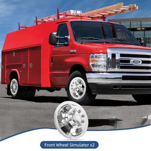 Image of 16 Wheel Simulators (2Pcs Front),8 Lug Polished Stainless Steel RV Hubcaps,Snap On Wheel Cover Compatible with1974-2000 GMC 3500, 1974-1998 Ford F350, 2008-2026 E350 /E450 DRW, 1974-1999 Dodge Ram 3500