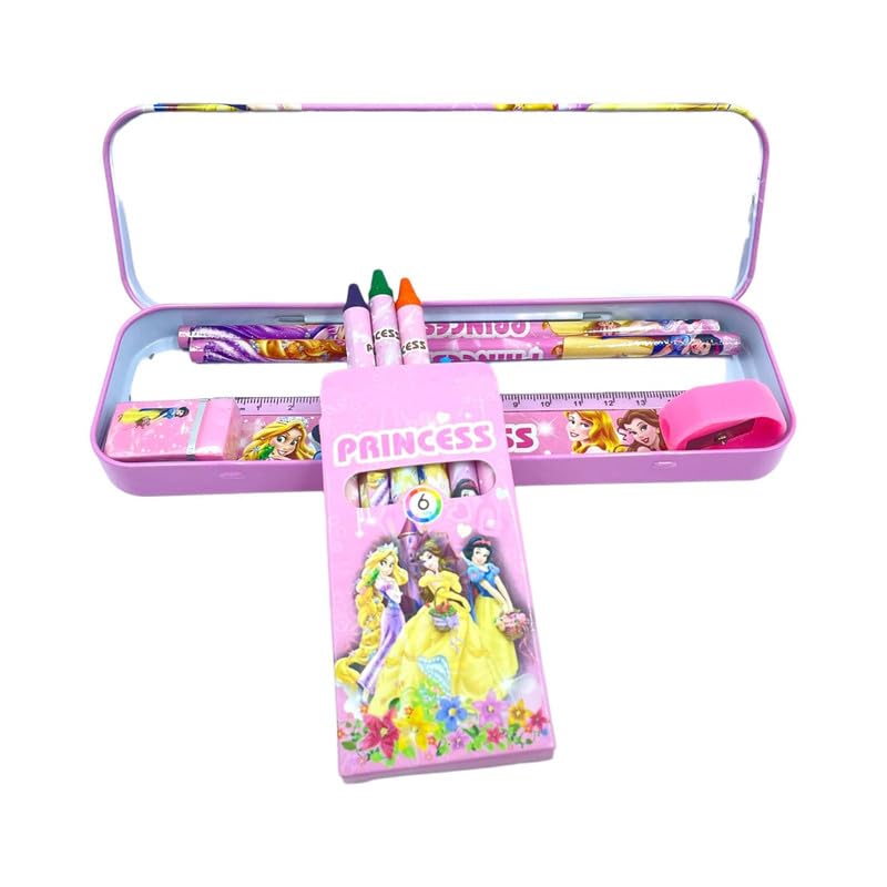 Image of Princess Stationary Kit with 1 Pencil Box Case 2 Pencils 6 Crayon Colors 2 Space Gel Pen 1 Ruler Scale Eraser Sharpener Kit for Kids (Character As Per Available)