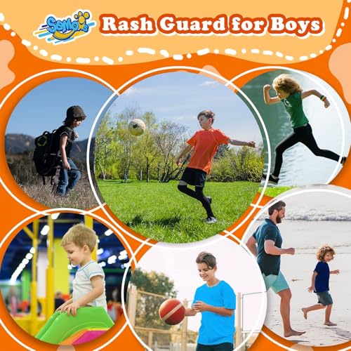Image of Boys Rash Guard Short Sleeve, Orange UPF 50+ Sun Protection Rashguard Slim Fit Swim Shirt Fishing Surf Quick Dry Cool Beach Clothes for Toddler Youth Kids Size 9-10 Years
