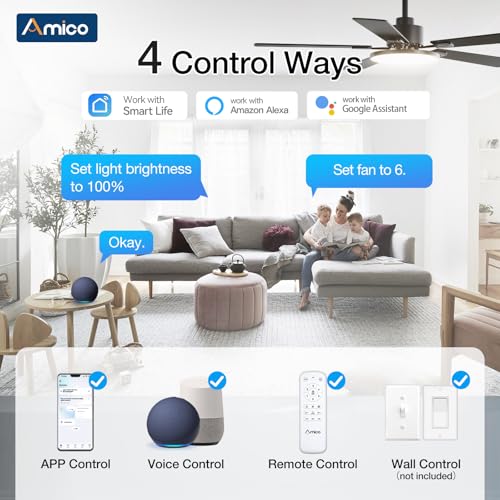 Image of Amico 52 Inch Smart Ceiling Fan with Lights, Remote /App /Alexa /Google Control, WiFi Modern Downrod Mount Ceiling Fan, Reversible DC Motor, 6 Speeds, 3CCT, Dimmable, Quiet for Bedroom /Living Room, Black
