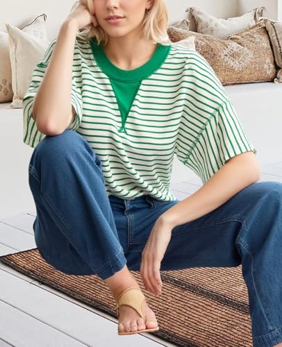 Women's Summer Striped Ruffle Short Sleeve Tops Contrast Colorblock 2025 Round Neck Loose Fit Cute Casual Top Blouse3