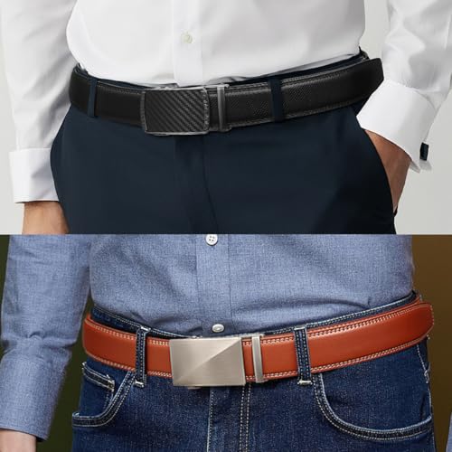 Image of Founders & C Mens Belt 2 Pack,Leather Ratchet Click Belt Dress with Slide Buckle 1 3 /8 inch in Gift Set Box- Size Adjustable