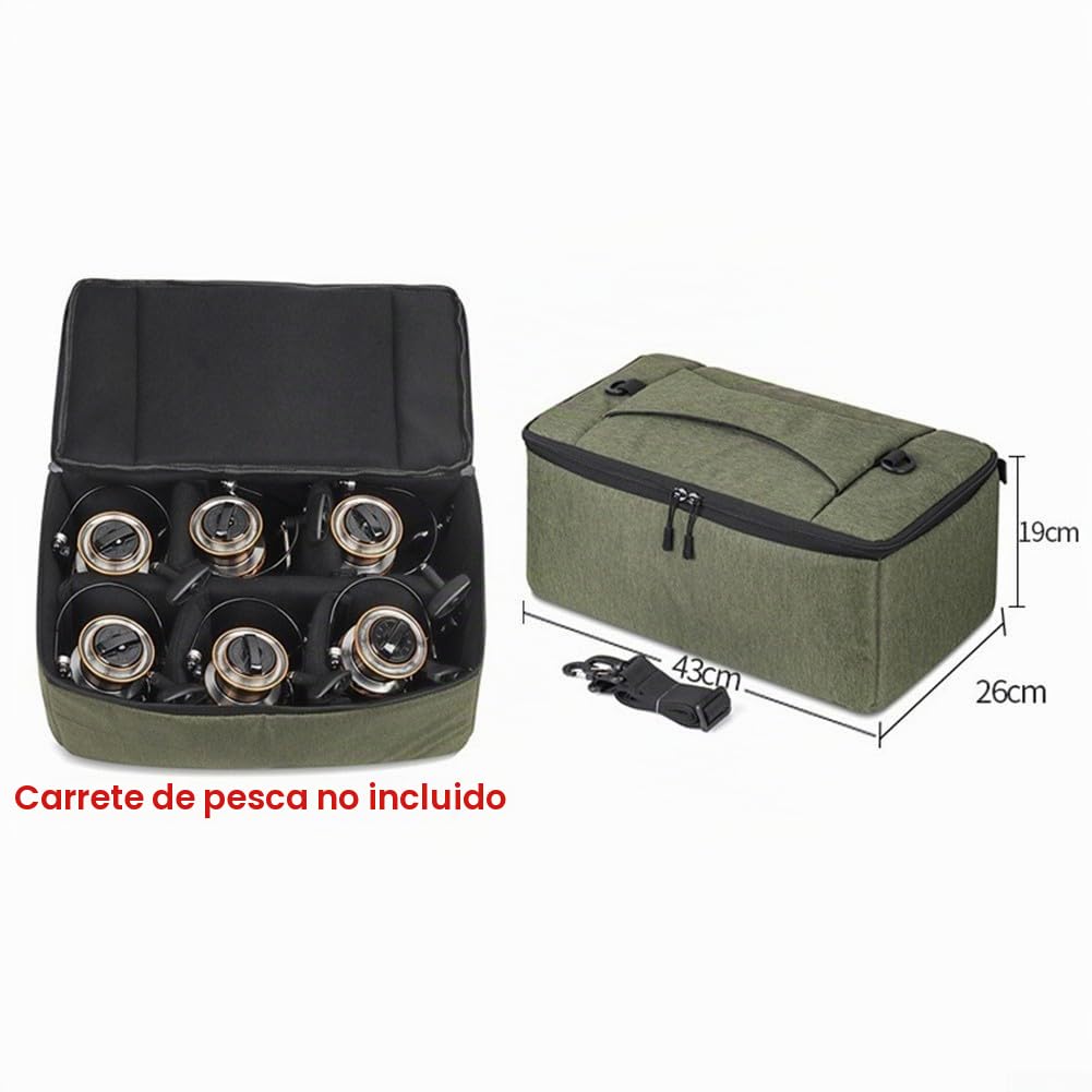 Zoegneer Bolsa de carrete de pesca impermeable con acolchado de algodón perlado resistente a los golpes, portátil con asa de transporte para almacenamiento para cebo y carretes (43 x 26 x 19 cm)
