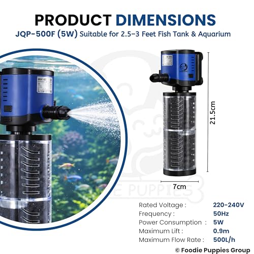 Image of Foodie Puppies Aquarium Internal Sponge Filter Pump (JQF-500F /5W) for Fish Tanks | ABS Plastic Submersible Silent Aquarium Filter with Efficient Water Filtration, Low Noise Design for Freshwater