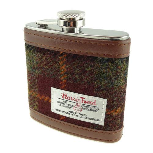 KWH Glen Appin of Scotland Rust Brown Green Check Harris Tweed 6oz Stainless Steel Pocket Hip Flask