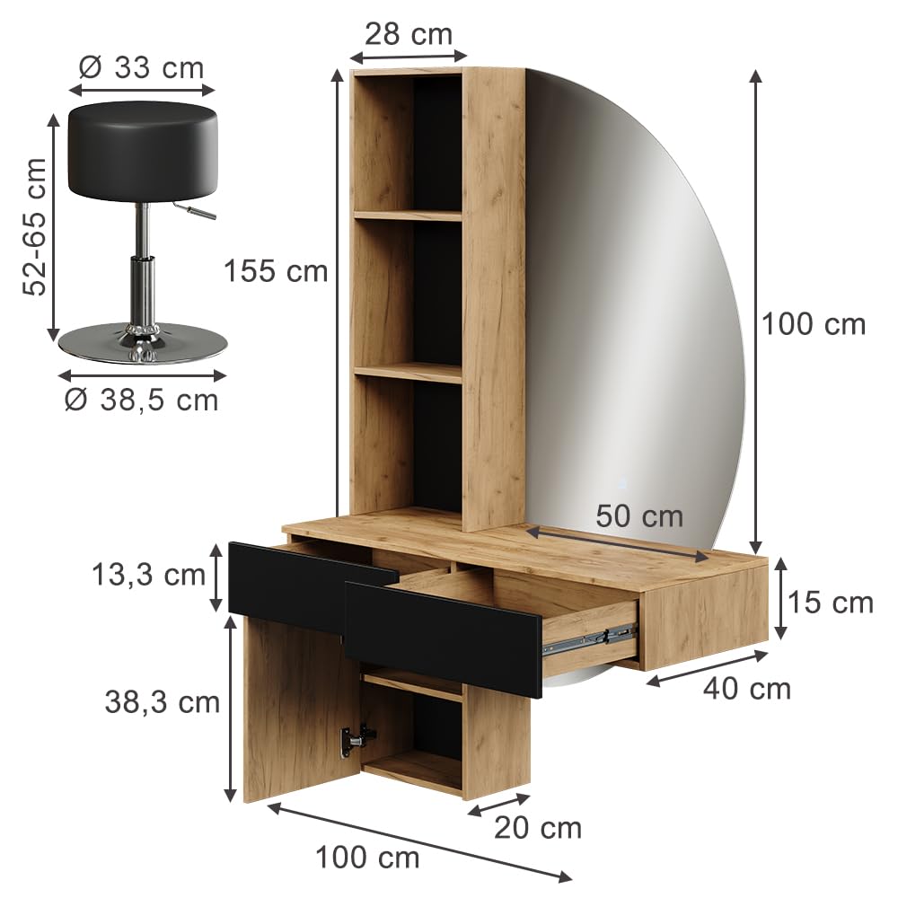 Vicco Tocador Melora, Roble/Negro, 100 cm | con espejo LED y taburete, para guardar cosméticos y accesorios