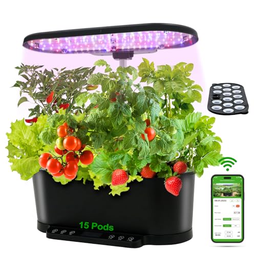 Image of EAGLE PEAK 15 Pods Hydroponics Growing System with WiFi, 5.5 L Water Tank, Smart Indoor Plants Germination Kit with LED Grow Light, Pump System, Adjustable Height for Home Kitchen Gardening, Black
