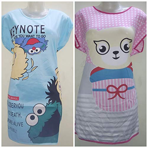 Image of Fashiol Women Cartoon Text Print Cotton Sleep Shirt with Lace Sleep Shirt Freesize | Multicolor Print, Pack of 2