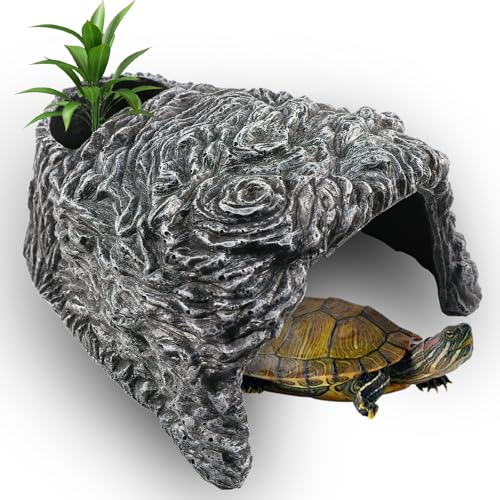 PUEUTU Extra Large Reptile Hide Cave Resin Rock Habitat Decor Basking Platform for Terrarium & Aquarium Oversize Hideout for Bearded Dragons Lizards Snakes Turtles (9.25 L x 8.07 W x 4.92 H)