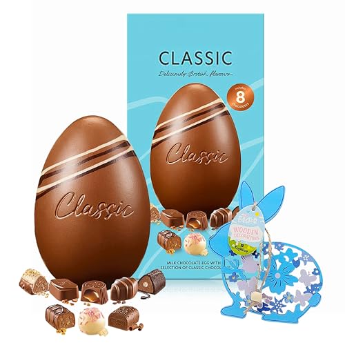 Easter Eggs Chocolate Hamper for Easter Gifts - Luxurious Chocolate Egg with Classic Assortment of Milk White & Dark Pralines 220g & Topline Wooden Decoration. Chocolates Gift Box for Women Mum