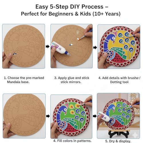 Image of HOBBY INDIA Lippan Art and Craft Materials Kit for Adults and Beginners I Premarked MDF Board Mandala Art Painting DIY Kit for Room Wall Hanging Office and Home Decoration (Peacock)