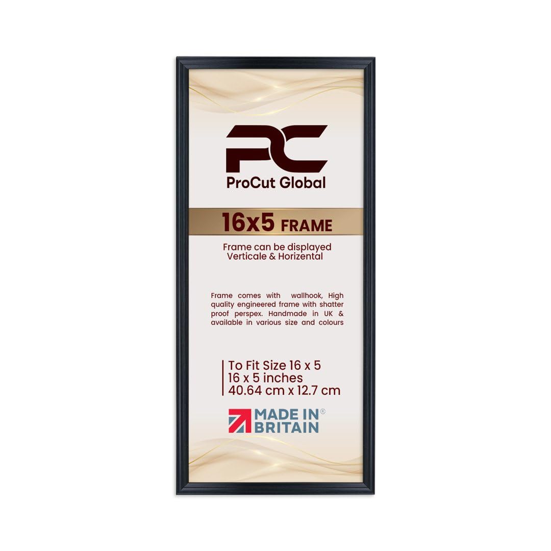 Procut Global 16X5 Black Picture Frames - Classic Wooden Photo Frame with Shatterproof Perspex for Wall or Tabletop - Perfect for Posters, Certificates & Prints - Sizes & Colors Available