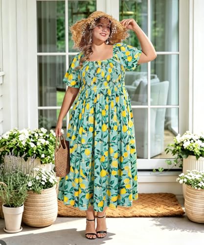 Image of RITERA Plus Size Dresses for Curvy Women Square Neck Short Sleeve Summer Floral Smocked Maxi Dress with Pocket XL-5XL
