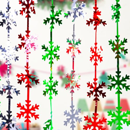 LOLStar Christmas Party Decorations, 2 Pack Christmas Foil Fringe Curtains 3.3 X 6.6 ft Red Silver Green Snowflake Tinsel Streamers Party Photo Backdrop for Christmas, New Year, Ugly Sweater Party