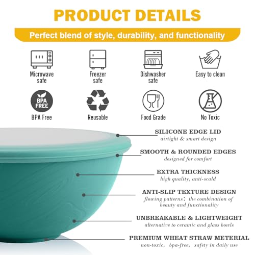 Image of 40 OZ Wheat Straw Bowls with Lids Set, 4 PCS Unbreakable Salad Bowls with Lid, Alternative Plastic Food Containers with Lids for Lunch, Microwave & Dishwasher Safe Kitchen Bowl Set, Green