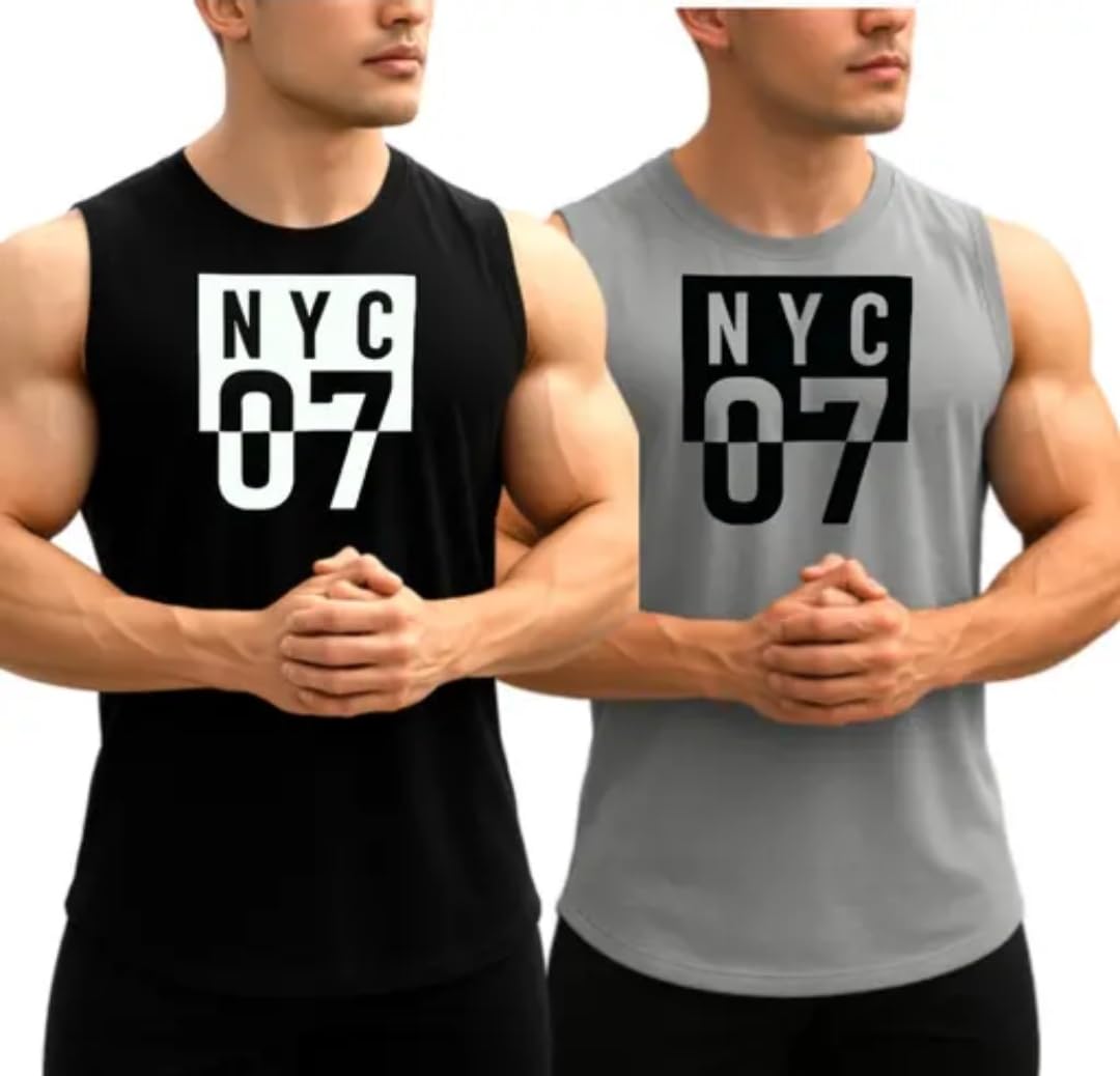 GENZ Club Men's NYC 07 Printed Sleeveless Vest, Stretchable Polyester, for Gym, Yoga and Running, Pack of 2, Black and Grey-image-39