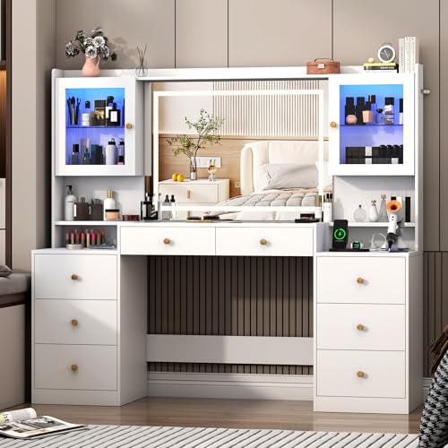 62" Large White Vanity Desk w/ Tempered Glass Top,60000-color LED