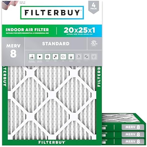 Filterbuy 20x25x1 Air Filter MERV 8 Dust Defense (4-Pack), Pleated HVAC AC Furnace Air Filters Replacement (Actual Size: 19.50 x 24.50 x 0.75 Inches) Cover