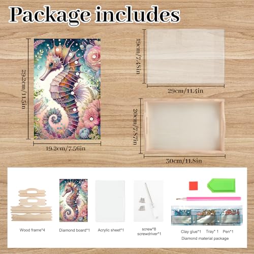 Image of AiYuanzsh 5D Diamond Art Tray with Handle for Adults DIY Diamond Art Plate Kits Seahorse Picture Diamond Art Painting Dinner Plate for Coffee Living Room Home Organizer Parties Family Gatherings
