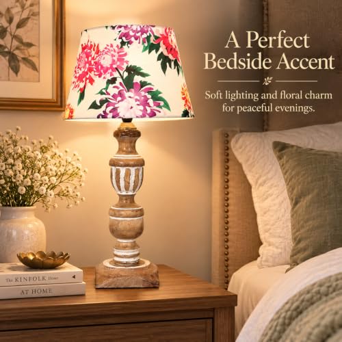 Image of tu casa Wooden Table Lamp | Premium Floral Satin Shade | Solid Wooden Base | Modern Home Decor | Ambient Bedside Lighting | Bedroom, Living Room, Study Table, Office & Festival Gifting
