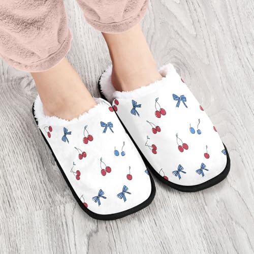 Blue Bow Cherries Cute Slippers For Women Men Soft Memory Foam Non-Slip Bow Winter Indoor House Shoes Travel Slipper4
