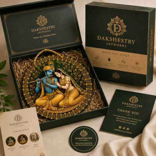 Image of DAKSHESTRY ARTWORKS Set of 3 Krishna Wall Hanging Decor | Radha Krishna & Peacock Feather Round MDF Wall Art | Hindu Spiritual Home Decoration for Living Room, Bedroom, Temple, Office (8X8 INCHES EACH)