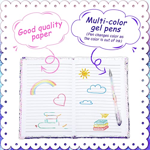 Image of Outus 4 Pcs Sequin Girls Journal Valentines Journal Gift with Color Gel Ink Pens Glitter Notebook Flip Writing Diary for Kids Girl Writing Drawing Travel Gifts(Purple Pink,Heart)