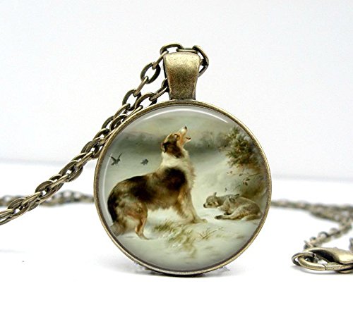 Lizabettas Found Glass Dome Vintage Collie Dog Print Necklace
