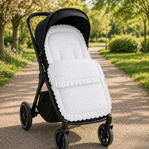 FYLO Universal Broderie Anglaise Pushchair Footmuff Soft Cosy Toes Liner for Prams Strollers & Buggies Padded for Comfort Machine Washable Elegant Lace Trim Fits All Models (White)