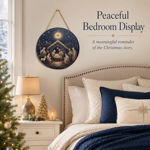 Image of Christmas Decorations - Jesus Nativity Scene Wooden Sign for Front Door