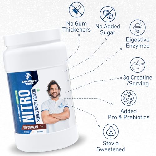 Image of Explosive Whey Nitro Series Whey Protein - Trusted by M.S. Dhoni | 24g Protein & 3g German Sourced Creatine for Strength, Endurance, & Lean Muscle - 29 Servings - 1Kg, RICH CHOCOLATE