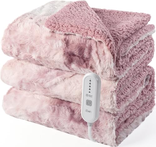 Dowin Heated Blanket Throw Size Tie Dye Faux Fur Electirc Throw Blanket 50x60 inch Pink Heating Blanket with Single Controller 5 Heating Levels &10 Hours Auto-Off