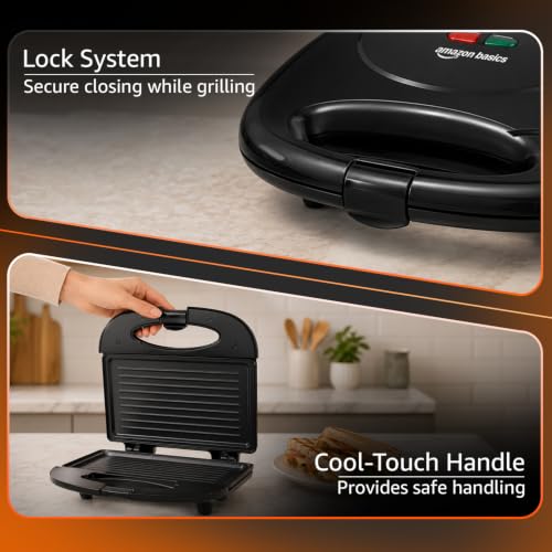 Image of Amazon Basics 2-Slice Sandwich Maker 750W | Non-Stick Coated Plates | Thermostatic Temperature Control | Cool-Touch Handle | Power & Ready Indicator Lights | Overheat Protection | Upright Storage Design | BIS Certified | Black