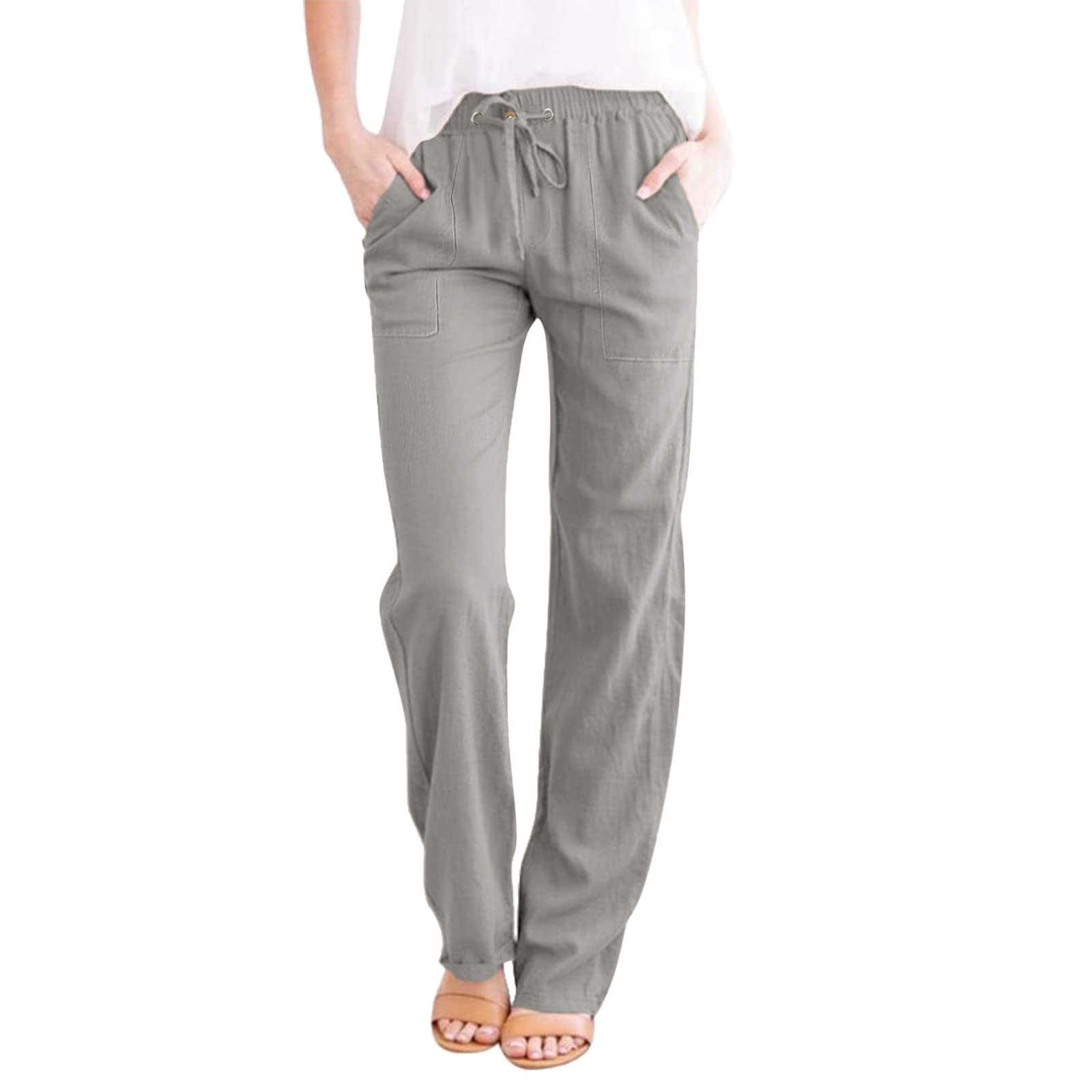 YOLAI Womens Casual Straight Leg Pant Solid Color Drawstring Pants High Waist Loose Trousers with Pockets