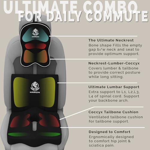 Image of MRRON Memory Foam Car Seat Cushion Combo - Backrest, Coccyx Cushion & Neckrest - Orthopedic Support for Back, Tailbone, Sciatica & Neck Pain - Ergonomic Comfort for Car, Office. (Black, Lumbar)