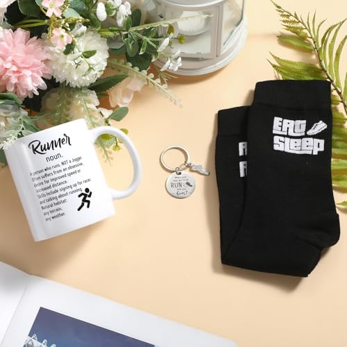 Teenyyou 3 Pcs Track and Field Gift Cross Country Running Gifts 11.2 oz Runner Coffee Mug Ceramic Mug Black Runner Socks Track and Field Running Socks Keychain for Women Men Accessories - Thumbnail 7