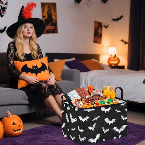 Image of Halloween Bat Storage Basket for Kids Room, Foldable Toy Organizer Bin | Halloween Bat Storage Basket with Waterproof Lining, Leather Handles and Foldable Design for Kids' Rooms and Party Gifts