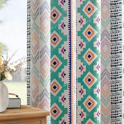 Image of XiDi Green Geometric Patterned Blackout Curtains for Bedroom 84 Inches Long 2 Panels Boho Farmhouse Black Out Curtains for Dining Living Room Country Vintage Thermal Insulated Grommet Window Drapes