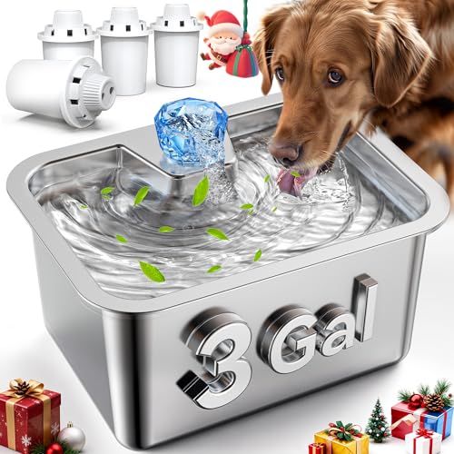 Large Dog Water Fountain Stainless Steel,3 Gallon Extra Big Pet Water Fountain for Large Dogs with 4 Filters,Automatic Dog Bowl Dispenser,Easy to Clean,Quiet Pump