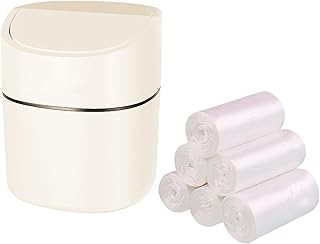 Mini Desk Trash Can with Lid, Tiny Countertop Garbage Can, Small Swing-Lid Table Top Trash Bin, Removable Plastic Desktop Waste Basket with Trash Bags 180Pcs for Vanity Bathroom Bedroom Office Car