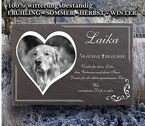Tiergrabstein Hunde mit eigenem Bild in Herzform und Text, Grabsteine für Hunde mit personalisierter Gravur Hunde, Katzen, Kaninchen, Haustiere Gedenksteine aus Naturschiefer 30x20 cm