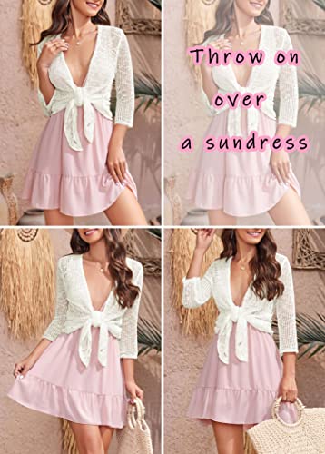 Nulibenna Womens Sheer Shrug Sweaters 3/4 Sleeve Open Front Tie Cardigan Bolero Jacket Lightweight Crochet Knit Cover Up Tops White #TOP4