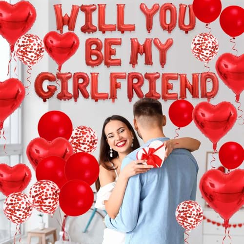 Letter Balloons - Will You Be My Girlfriend 18“ Red Heart Foil Balloons Red Confetti Balloons with 1000pcs Artificial Rose Petals, Be My Girlfriend Proposal Balloon for Valentine Day Party Decorations by Cunnikku - Used condition - Image 6