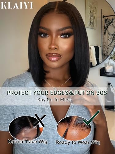 Image of KLAIYI Yaki Straight Bob Wig Human Hair Bye Bye Knots Glueless Precut 7x5Lace Front Wig with Drawstring Pre Plucked Bleached Ready to Wear and Go Wigs for Women Beginner Friendly Pre Everything 12Inch