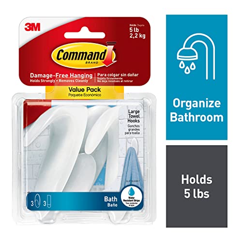 Image of Command Bath Large Towel Hook Value Pack, Total 6 Large Wall Hooks with 6 Water Resistant Strips, 2-Pack of 3 Hooks, Organize Damage-Free