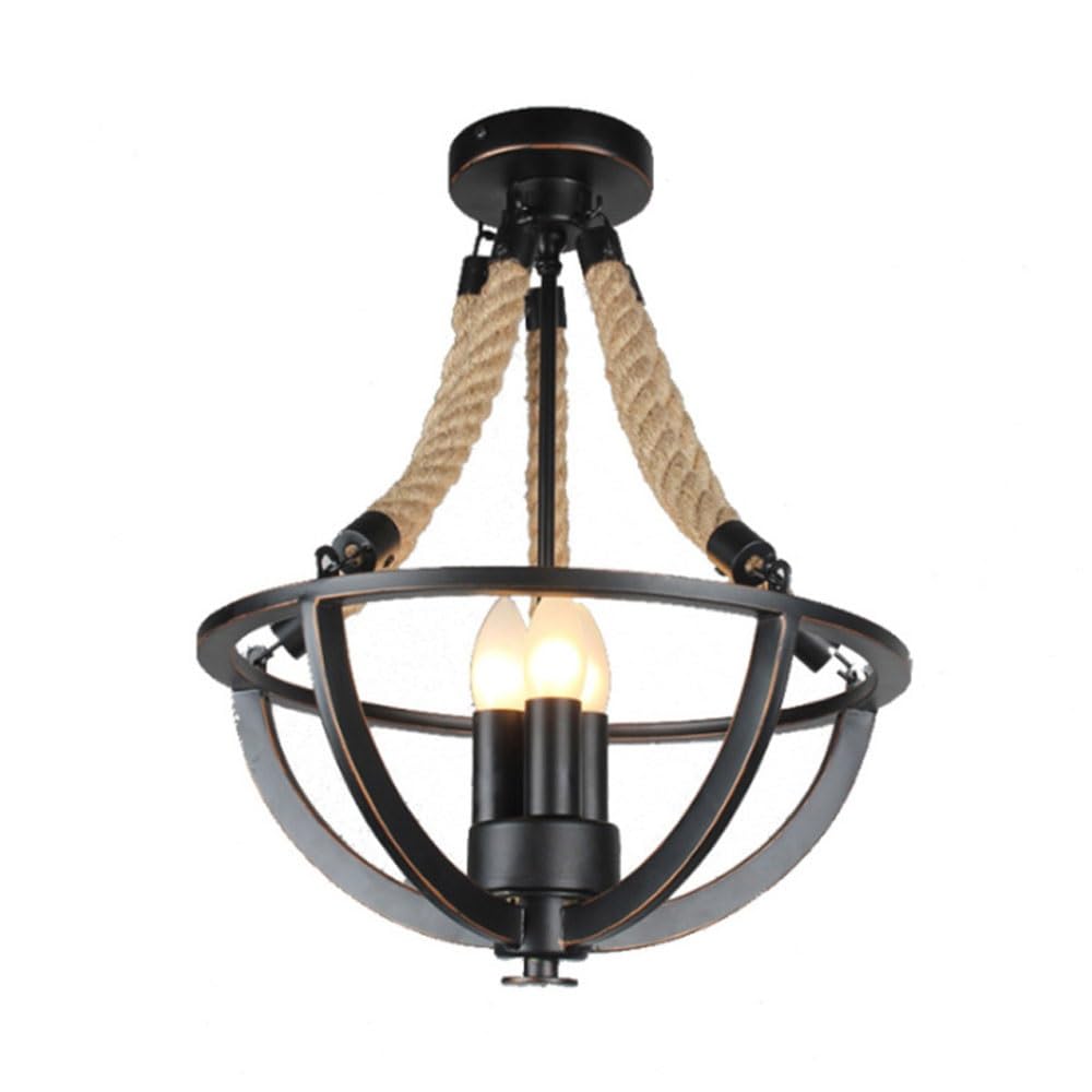 BLOOHK Rustic 3-Light Semi Flush Mount Ceiling Light, Industrial Metal Orb Chandelier with Hemp Rope, Farmhouse Cage Light Fixture for Entryway, Foyer, Kitchen