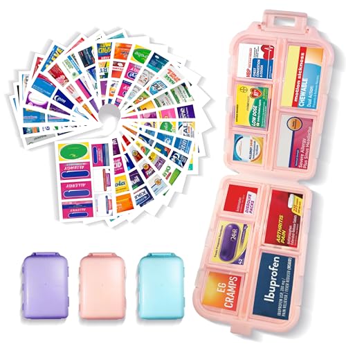 Image of Pill Organizer 3 Pack with 146x3 Medicine Labels, Pink Blue Purple | Set of 3 travel pill cases with 10 compartments each and 146 medicine labels for 7-day planning, daily use, work, and trips