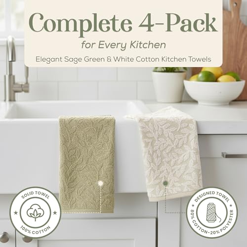 Image of 4 Pack Hand Towels, Cotton Sage Green and White Floral Kitchen Towel, Soft and Absorbent Hand Drying Towels 18 x 28