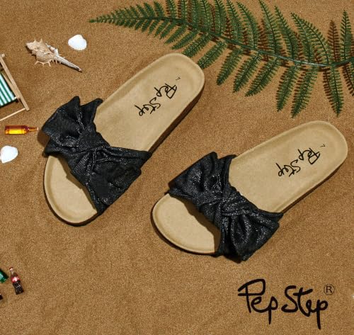 Image of PepStep Slide Sandals for Women or Ladies Dressy Summer Casual, Cute Bow Tie Knot On Top Strap, Comfy Slip On Cork Foot Bed